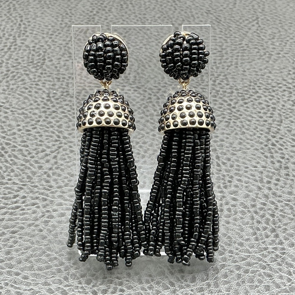 BaubleBar Beaded Tassel Earrings Women Black Gold‎ Tone Statement Post Back Drop